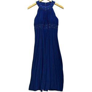 Jessica Howard Womens Beaded Halter Neck Evening Dress Sleeveless Sz 8 Navy Blue